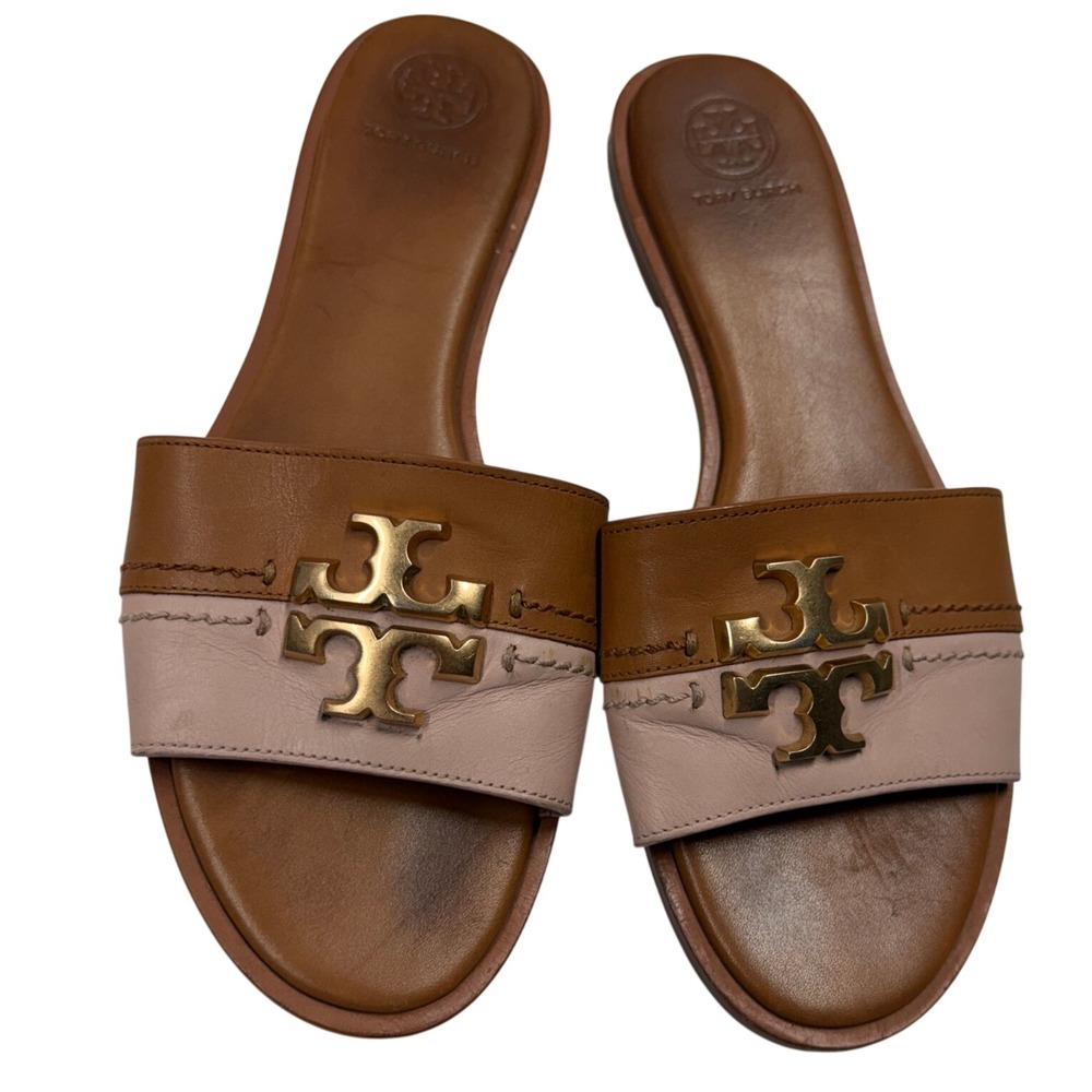 Tory Burch Ines Slide Sandals Tan Blush Pink Leather Gold Logo Size 7.5